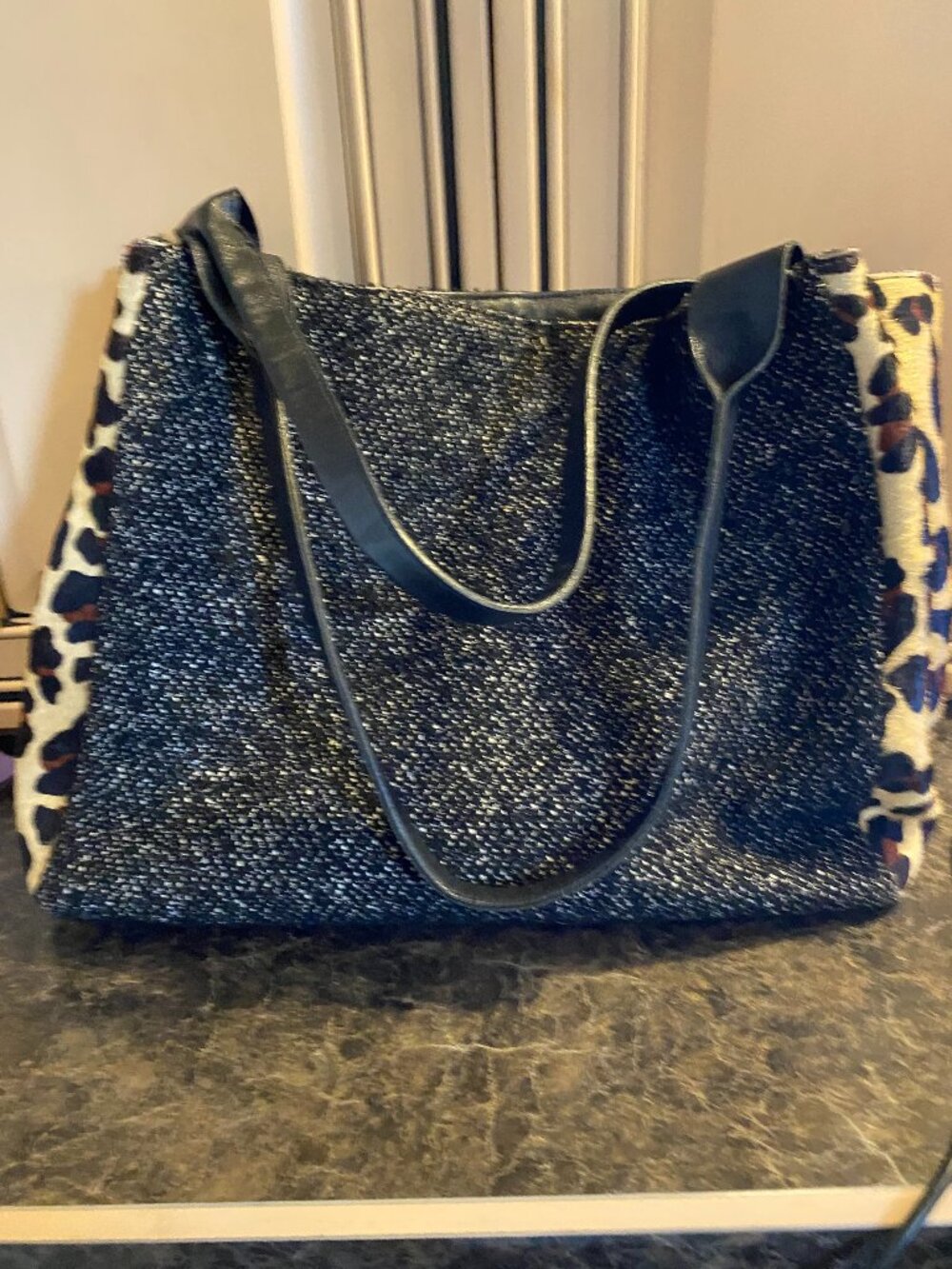 Clever Carriage Company Black Tweed Tote/Purse With Leopard Side Panels
